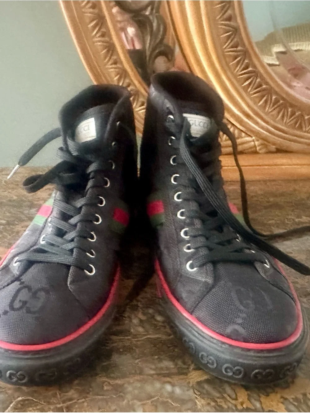 Gucci Black High-Top Sneakers with Green and Red Stripe